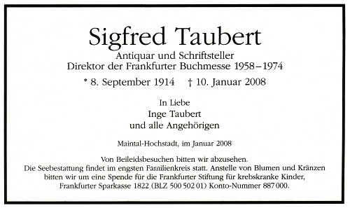 Sigfred Taubert, MTA 19.01.2008